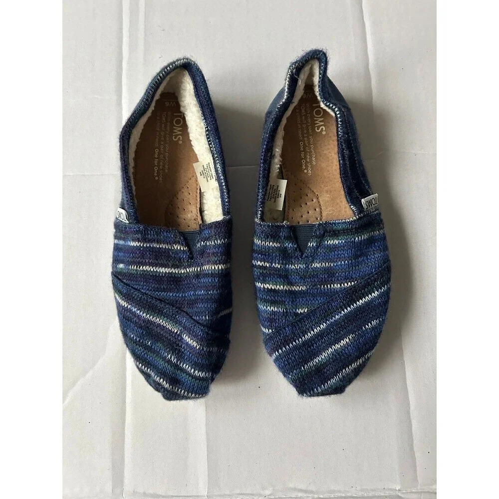 Toms women’s Flat Slip On Shoes Blue Faux Fur Lined